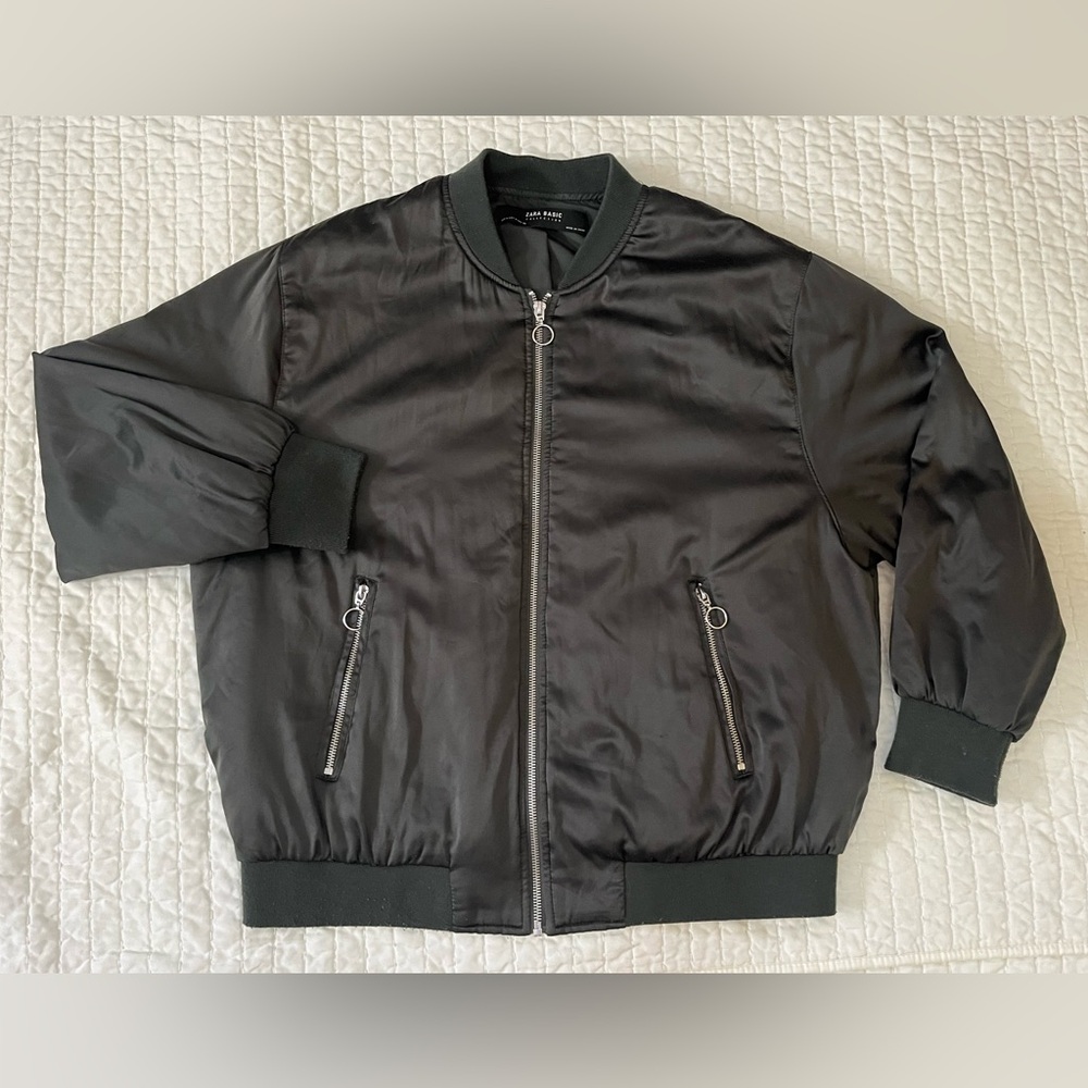ZARA BASIC Collection Women Satin Army Green Bomber Jacket - Medium